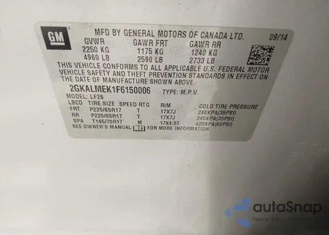 2015 GMC Terrain Sle-1 z USA, uszkodzony, nr VIN 2GKALMEK1F6150006